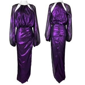 Mac Duggal NWT Purple Metallic Cutout Long Sleeve Blouson Dress Sz XS Side Slit